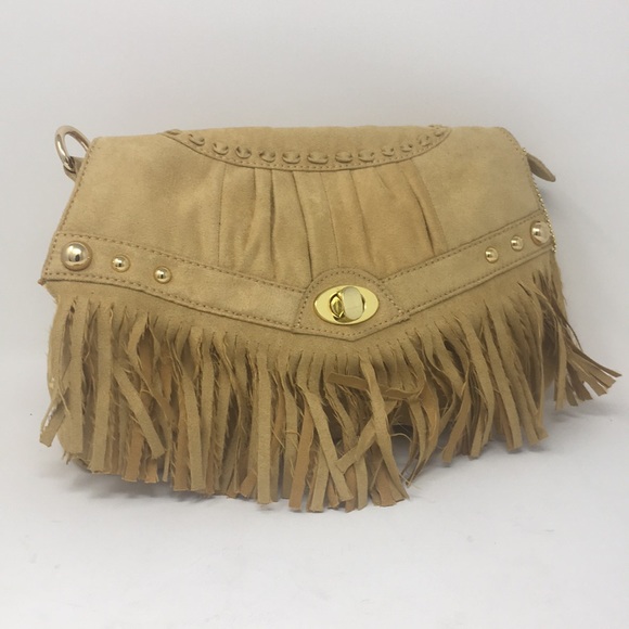 Handbags - Big Buddha Tan Purse Gold Studs Fringe Festival
